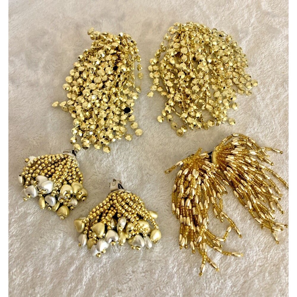 Vintage Gold Tone Dangle Fringe Clip Earrings Lot 3 Pairs Statement 80s Glam